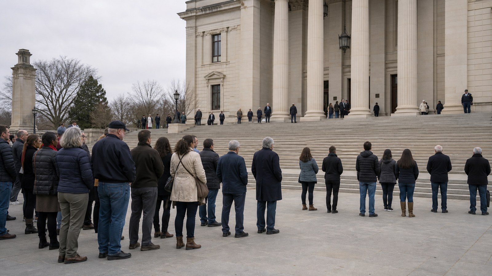 A calm courthouse scene with citizens at a respectful distance, symbolizing constitutional order over mob pressure.