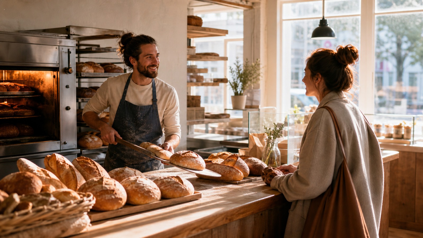 A baker works with tools and an oven as a customer waits, symbolizing capital, labor, and voluntary trade.
