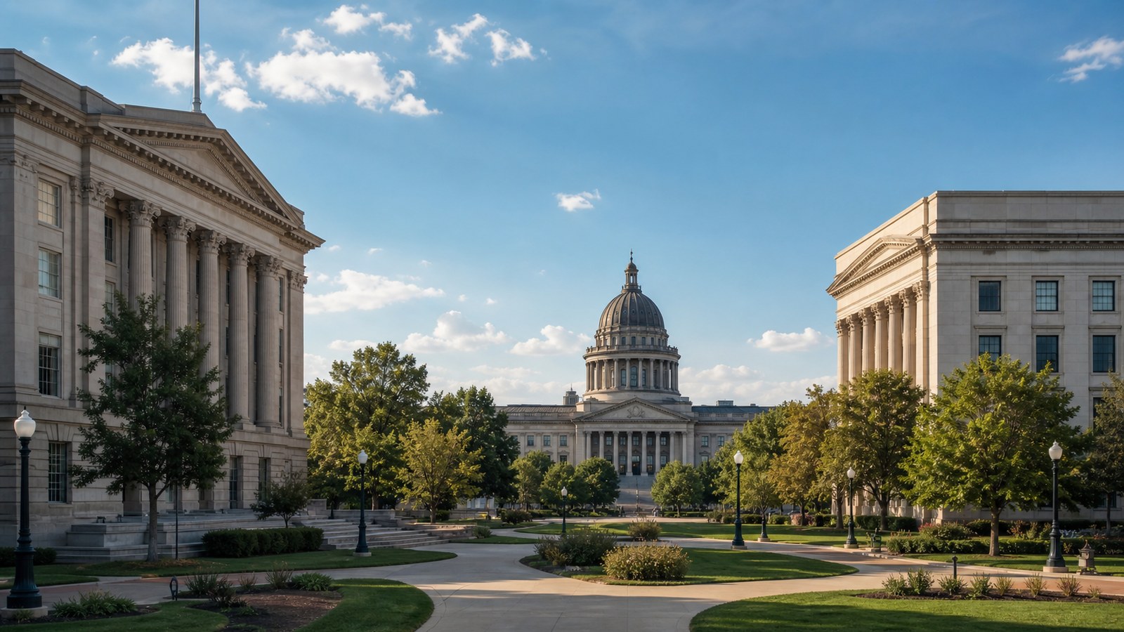 Separate civic buildings connected by paths, symbolizing divided power as a guard against tyranny.