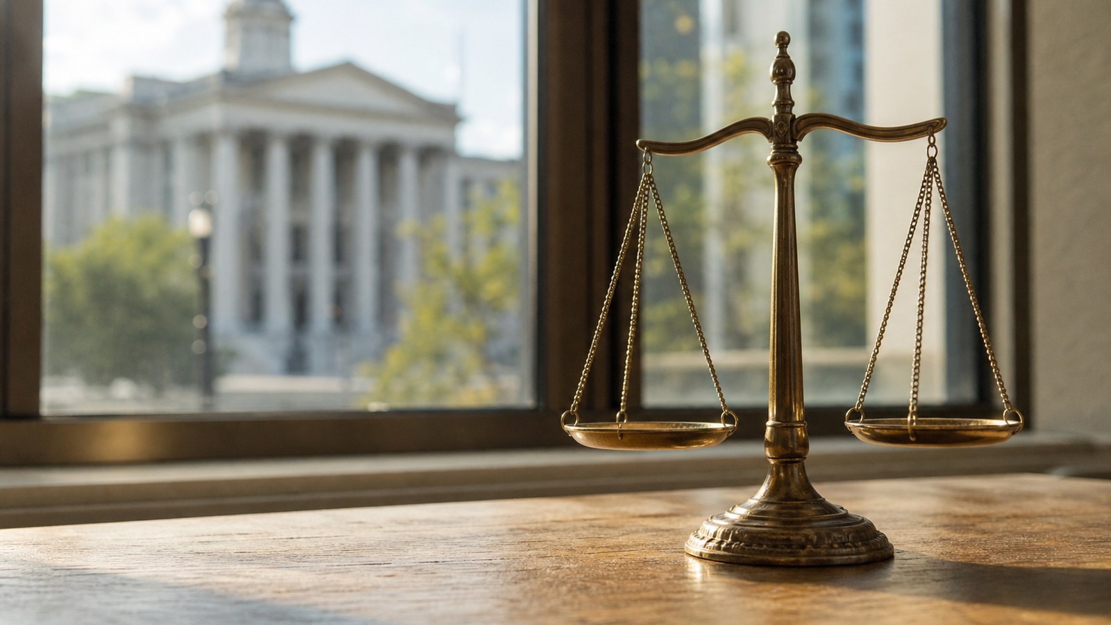 Balanced scales near a courthouse window, symbolizing the Constitution’s balance of liberty and authority.