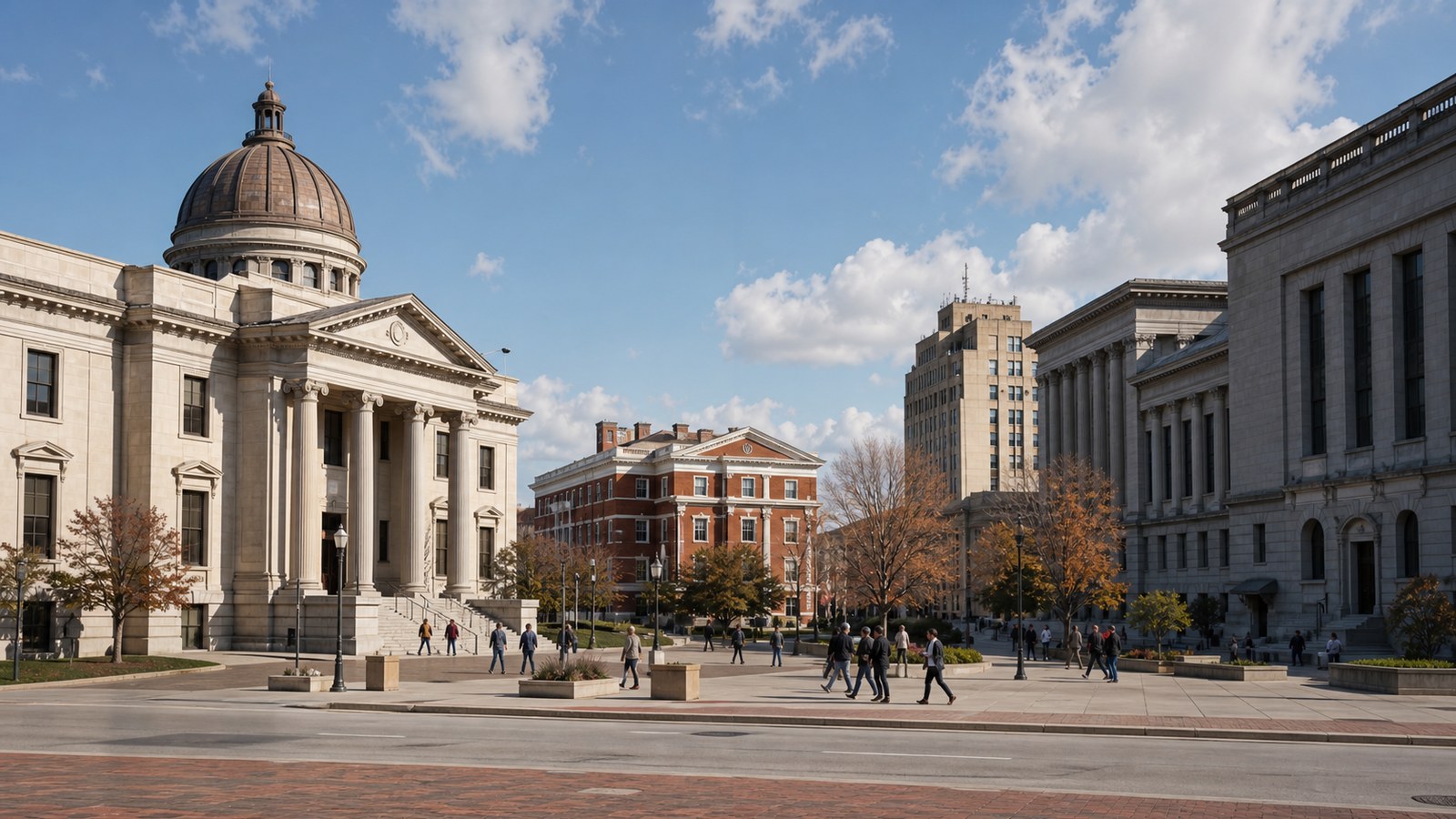 A civic plaza with separate public buildings, symbolizing divided authority and limits on centralized power.