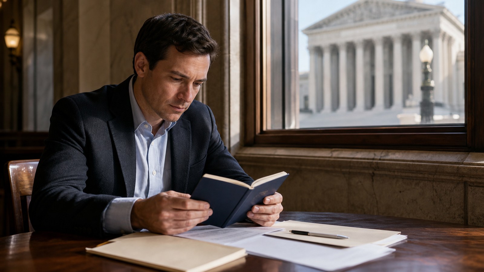 A citizen studies a pocket constitution near a courthouse window, symbolizing constitutional rules for power.