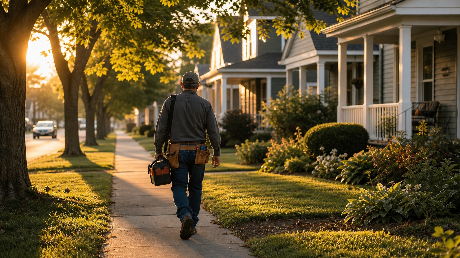 A person walks along a sunlit neighborhood sidewalk with work tools, symbolizing everyday freedom and responsibility.