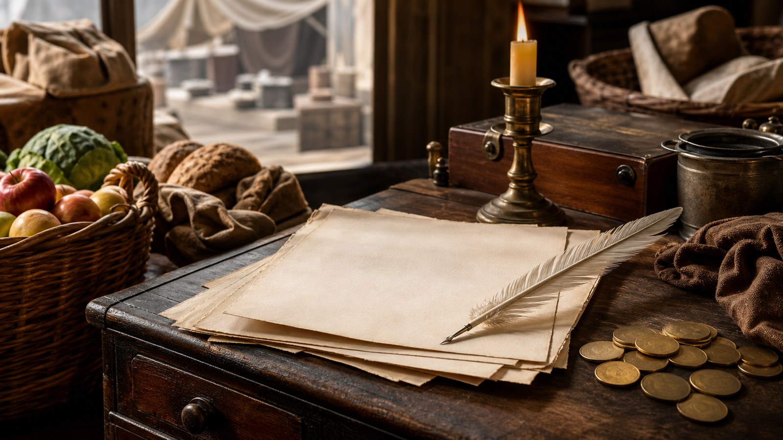 Historic desk with blank papers and market goods symbolizing Adam Smith free market ideas
