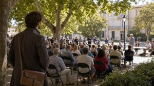 A traveler observes a local civic gathering, symbolizing Tocqueville's study of American democracy.