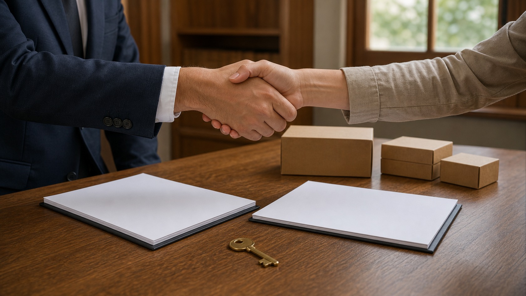 Blank contract pages, a key, goods, and a handshake on a courthouse-style table.