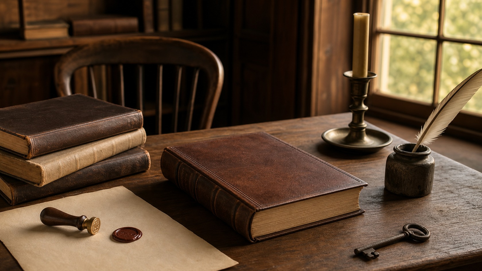 Blank ledgers, an unmarked seal, a key, and plain law books in a colonial study.