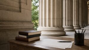 Classical columns and study books symbolize the link between conservatism and classical philosophy.
