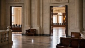 A civic interior with separated public spaces, symbolizing constitutional restraint and divided powers.