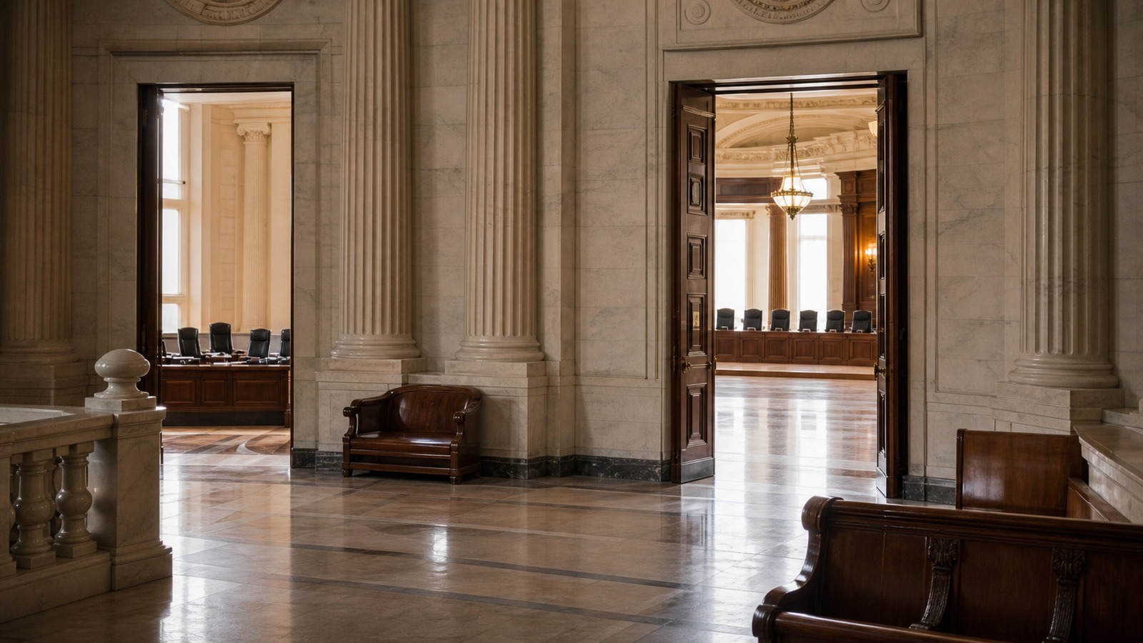 A civic interior with separated public spaces, symbolizing constitutional restraint and divided powers.