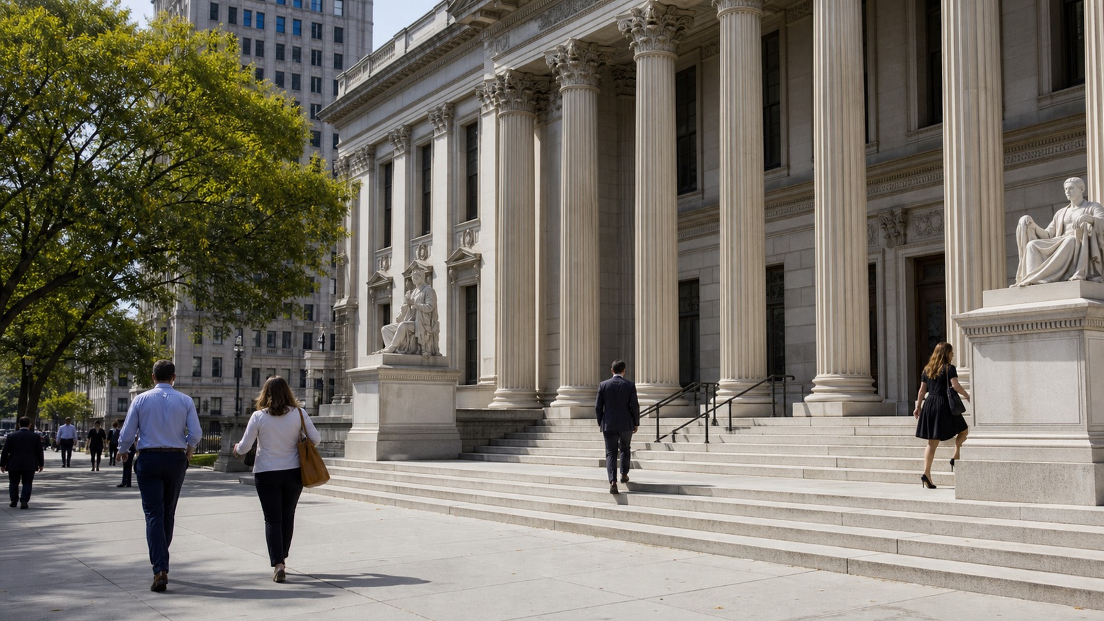 Citizens pass a courthouse entrance, symbolizing law as a public restraint on power.