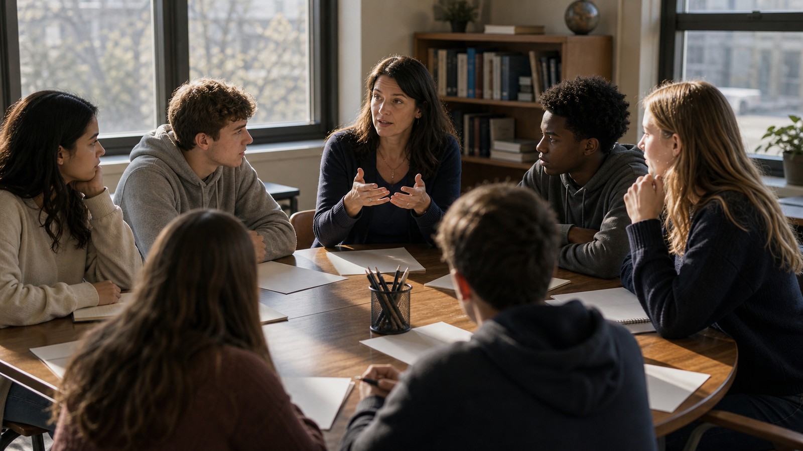Classroom civics discussion with blank papers