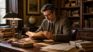 A historian studies old books in a quiet room, symbolizing Edmund Burke's respect for inheritance and prudence.