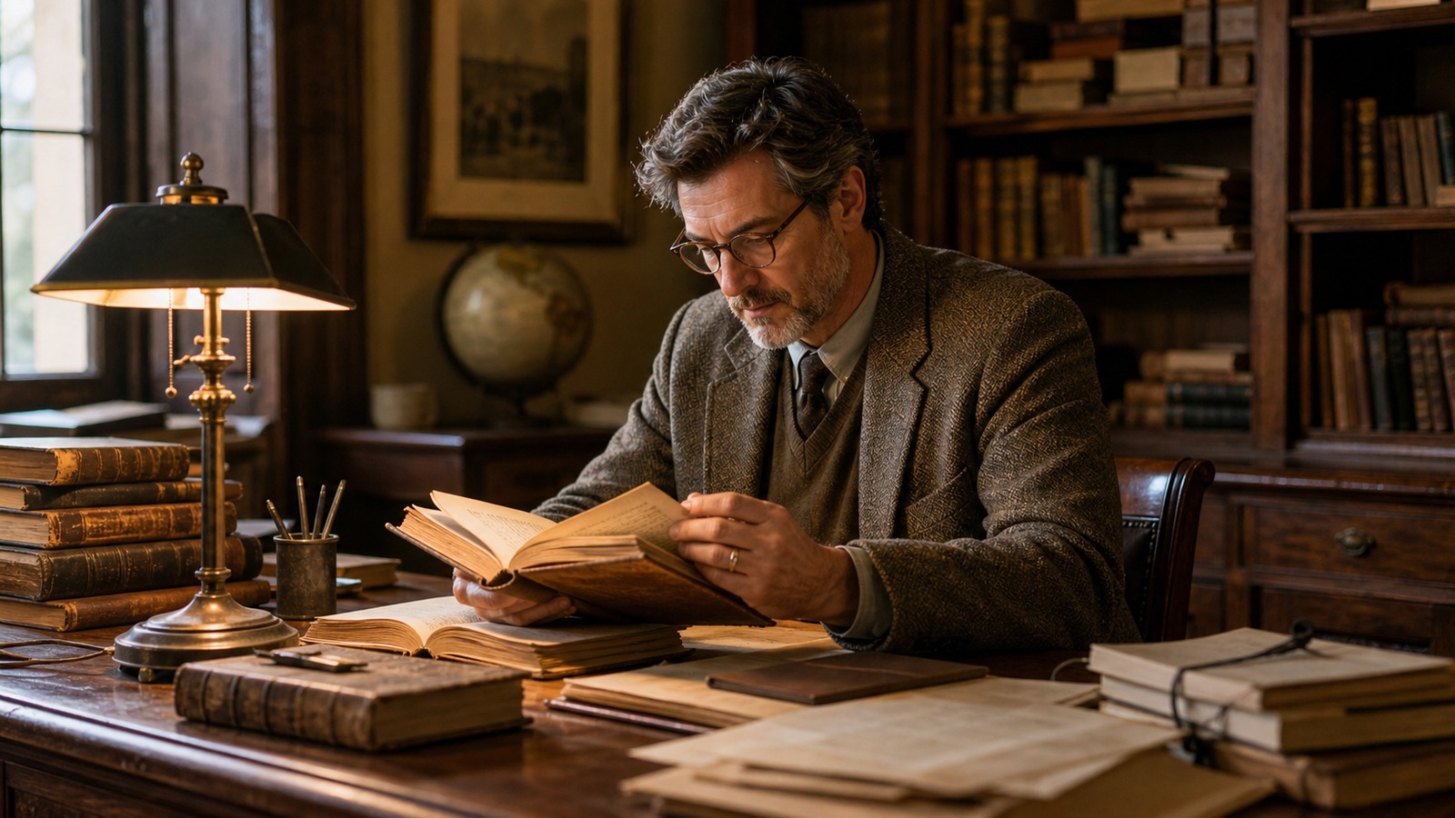 A historian studies old books in a quiet room, symbolizing Edmund Burke's respect for inheritance and prudence.