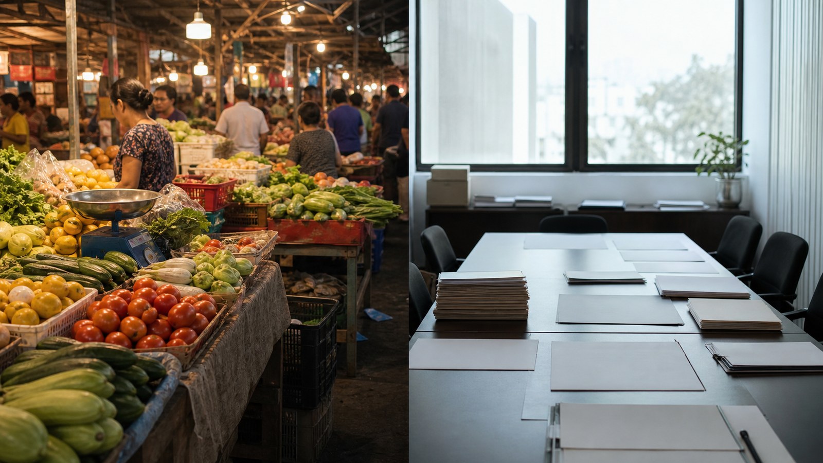 Market goods and blank planning folders symbolizing free market theory versus central planning