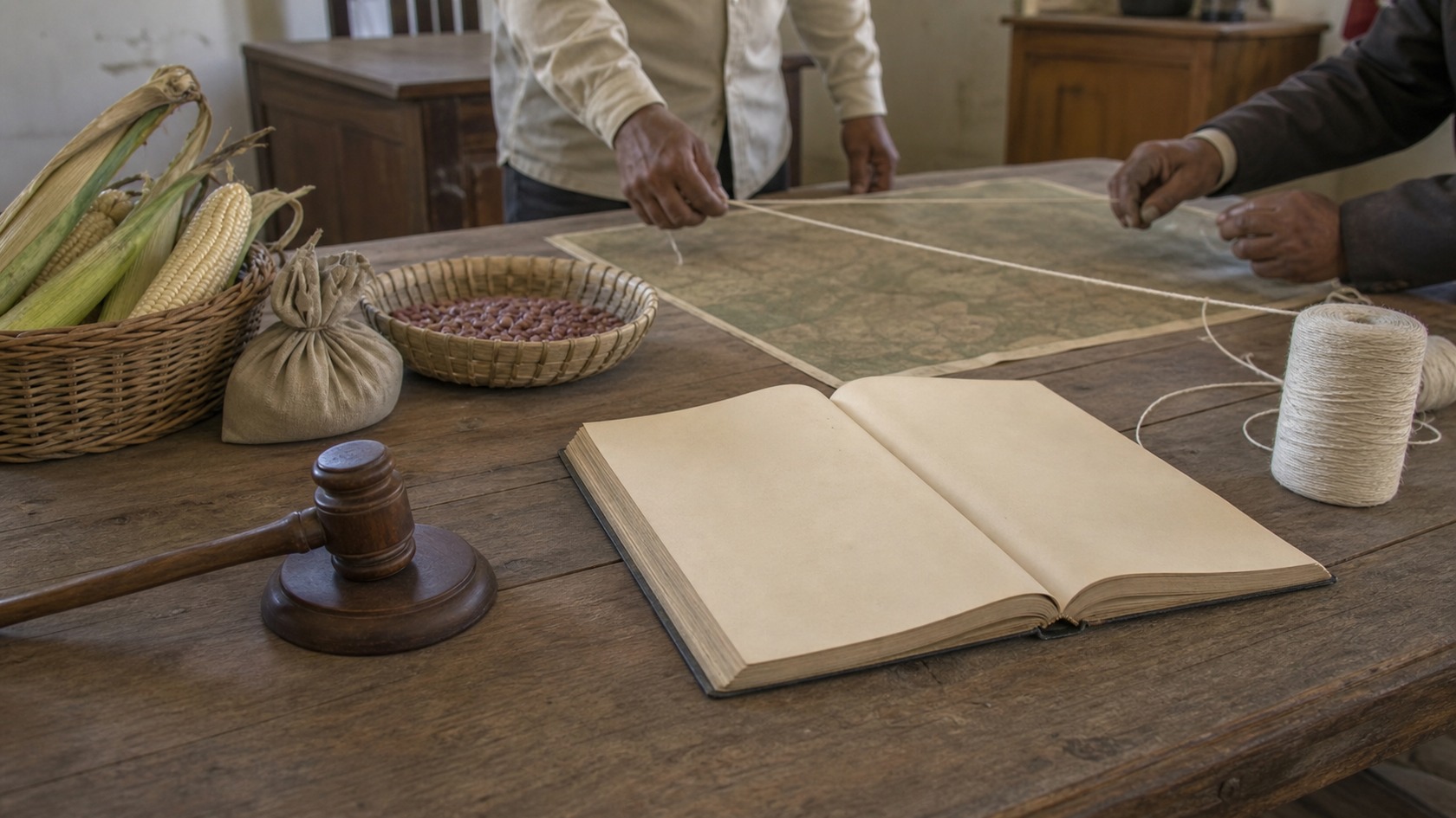 A civic desk with a gavel, market goods, a blank ledger, and hands measuring a boundary.