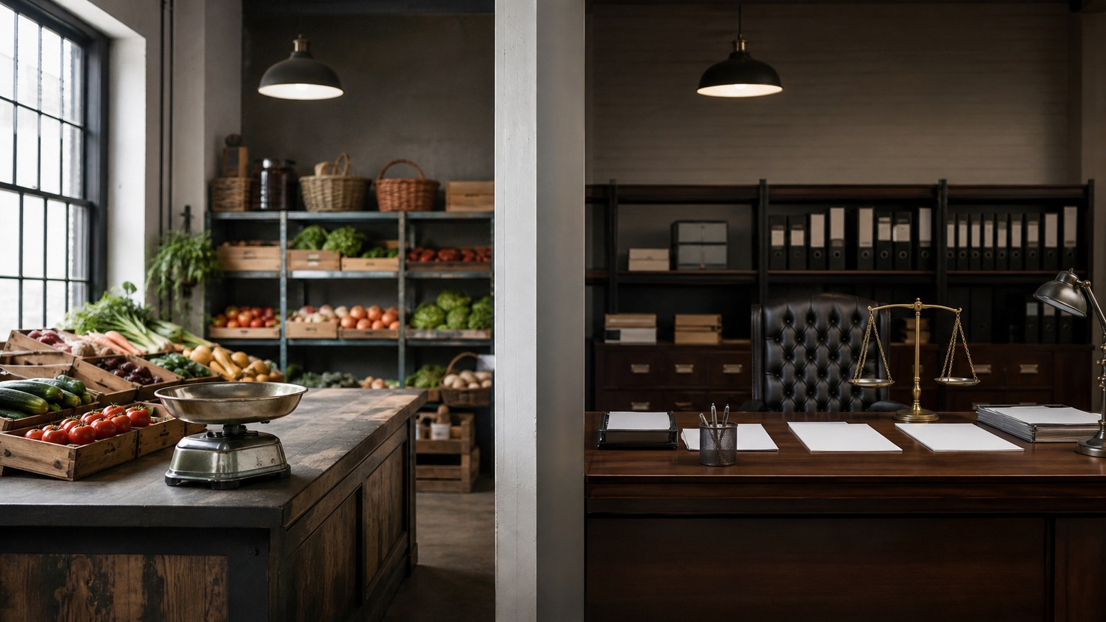 Market counter and government office desk symbolizing free markets versus government control