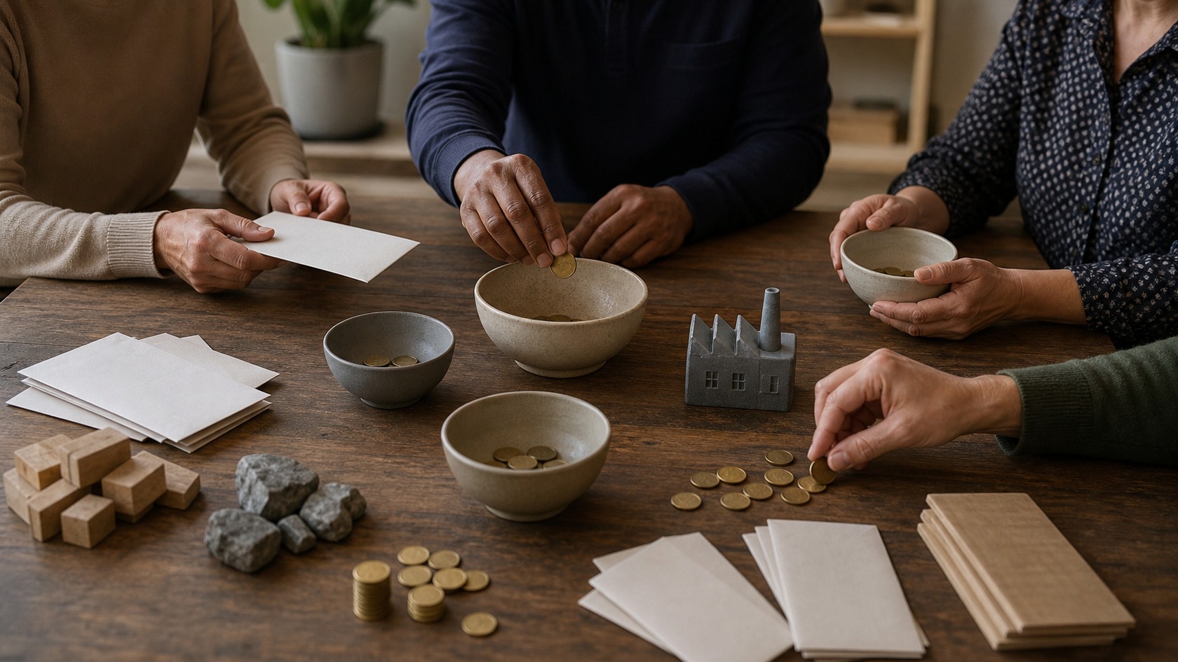 Hands moving unmarked coins and blank envelopes between bowls on a public funding table.
