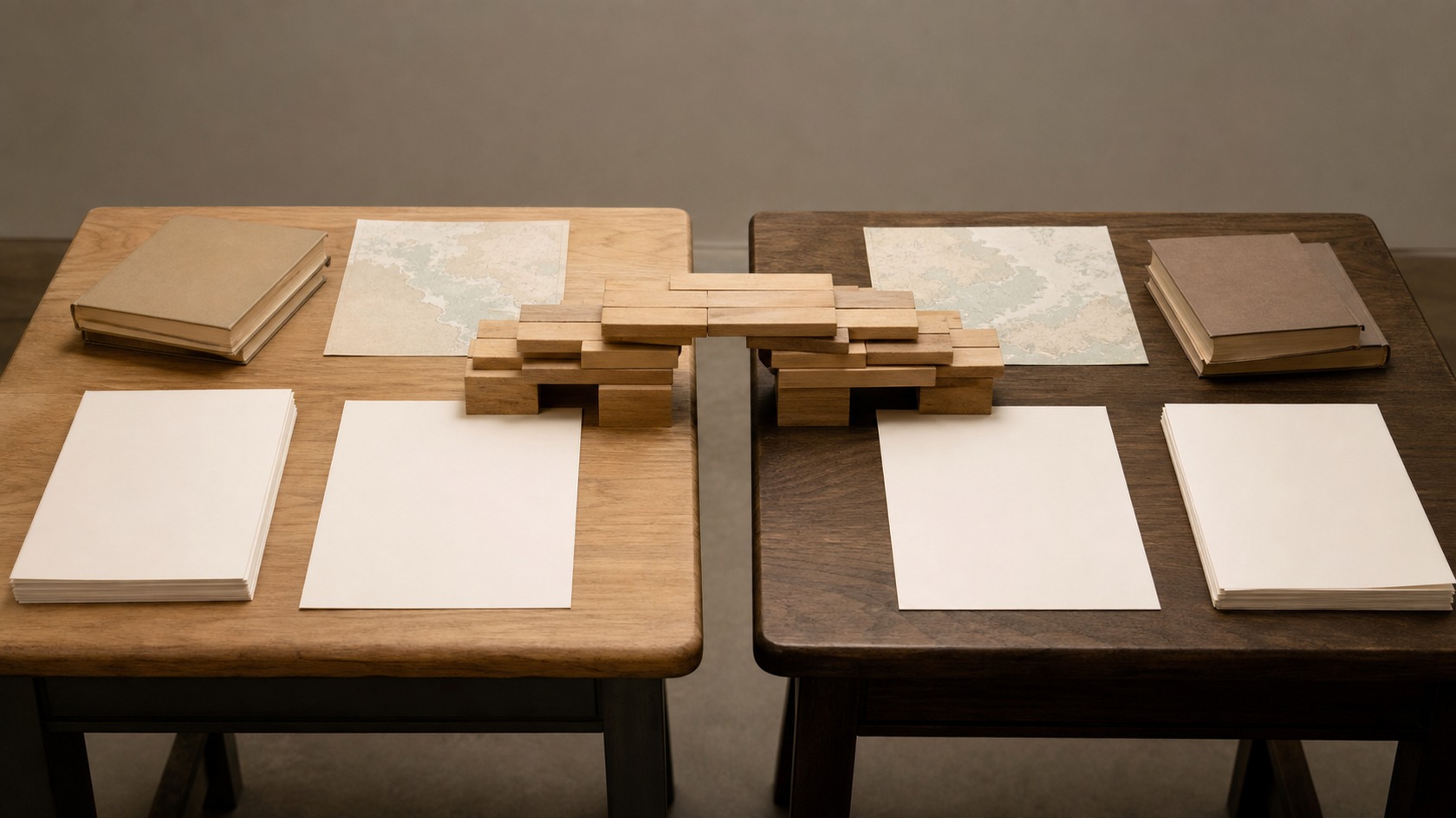 Two study tables with blank papers, unmarked books, and wooden pieces between them.