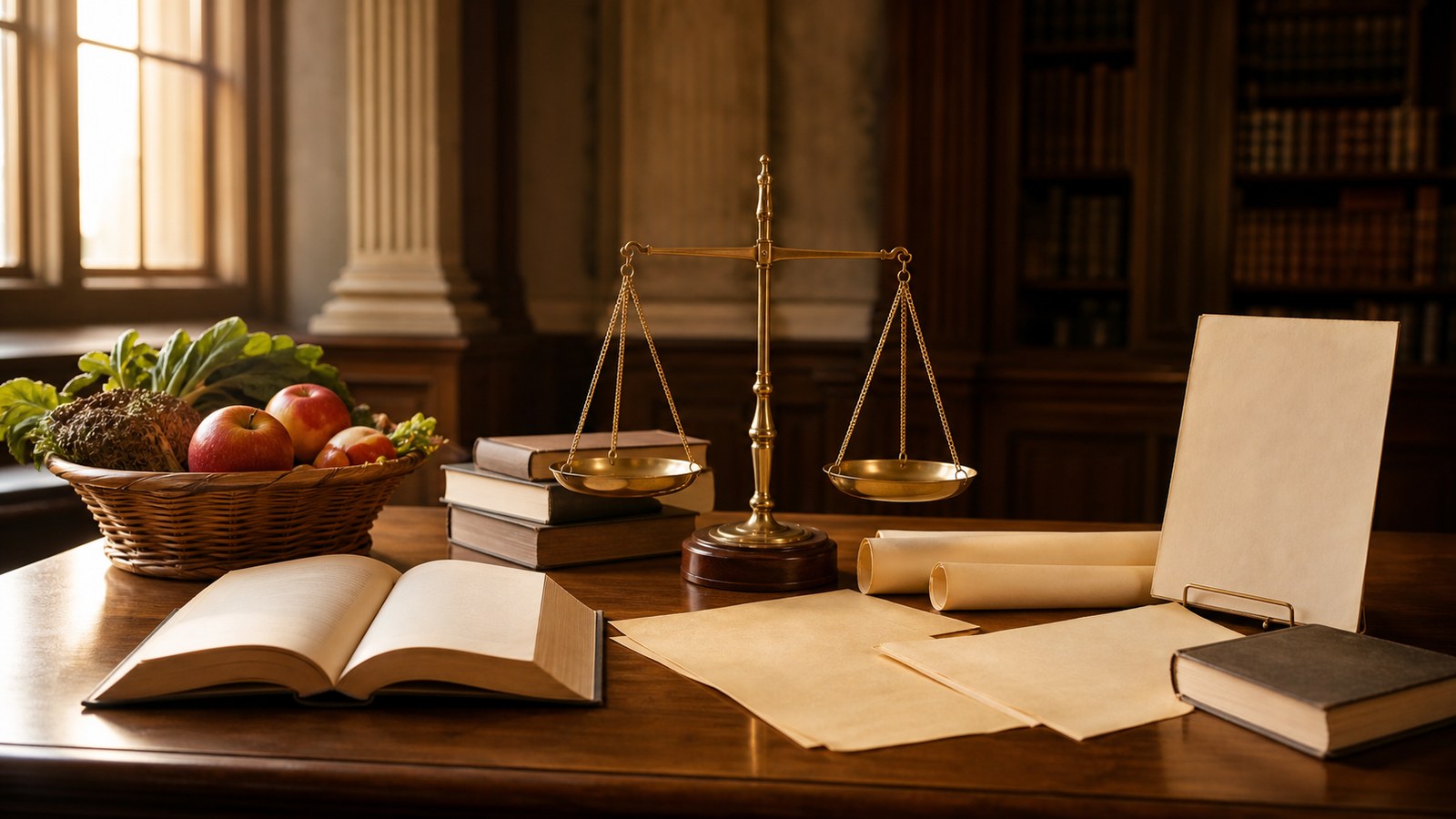 Civic desk with blank charters and market goods symbolizing classical liberal free market thought