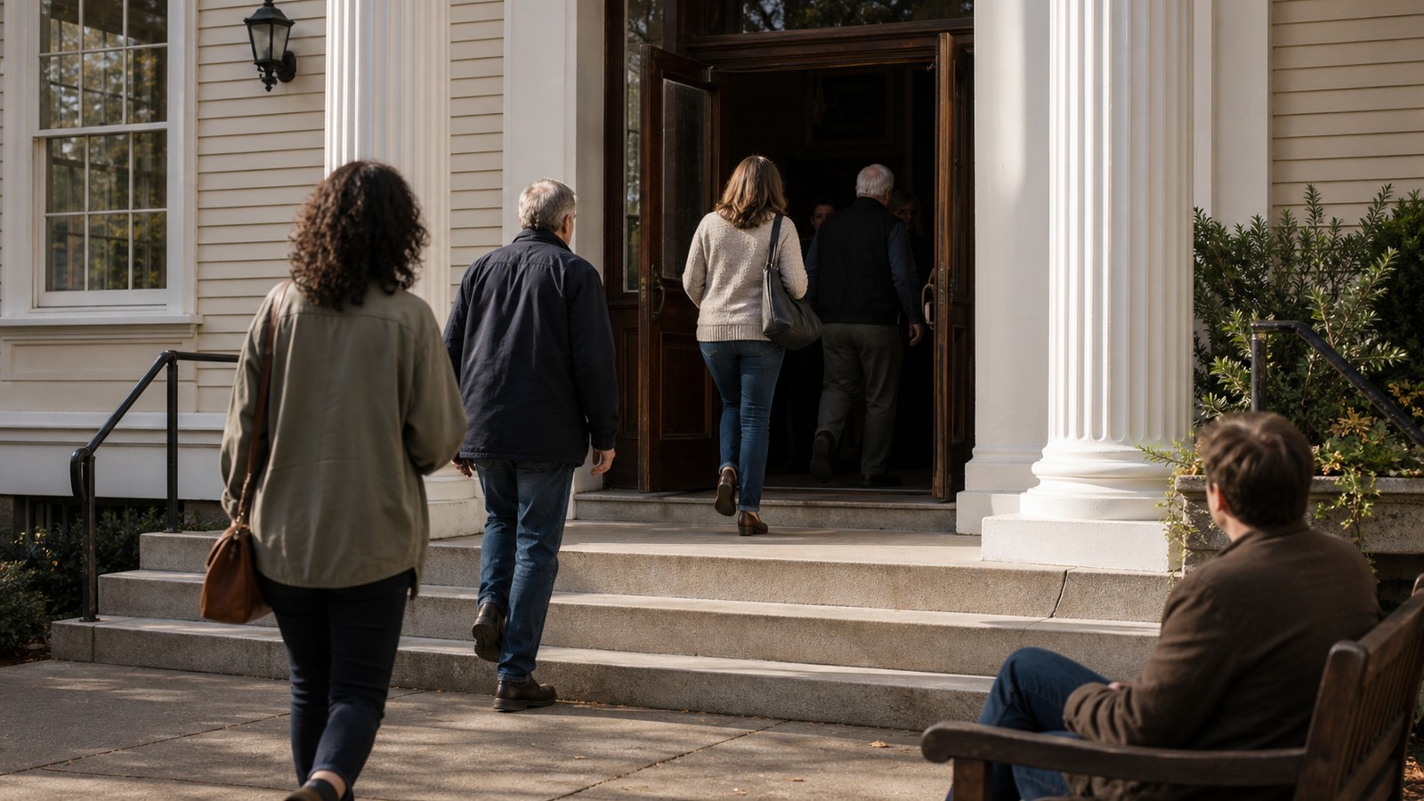 People entering a civic building for a local public meeting
