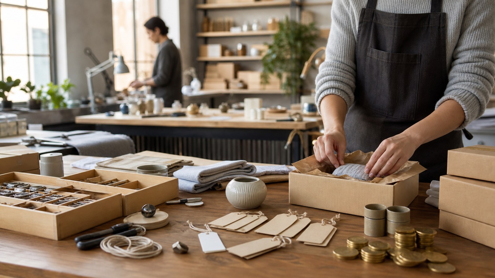 Modern workshop with blank tags and prototypes symbolizing free market ideas shaping capitalism