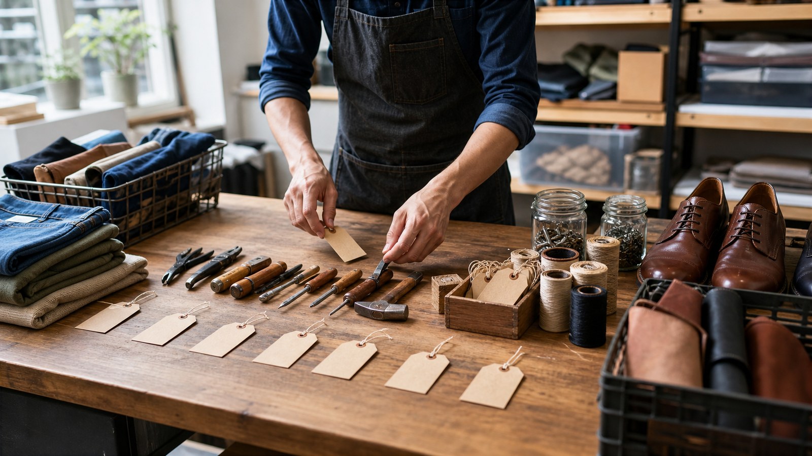 Workshop table with organized tools and blank tags symbolizing free market efficiency