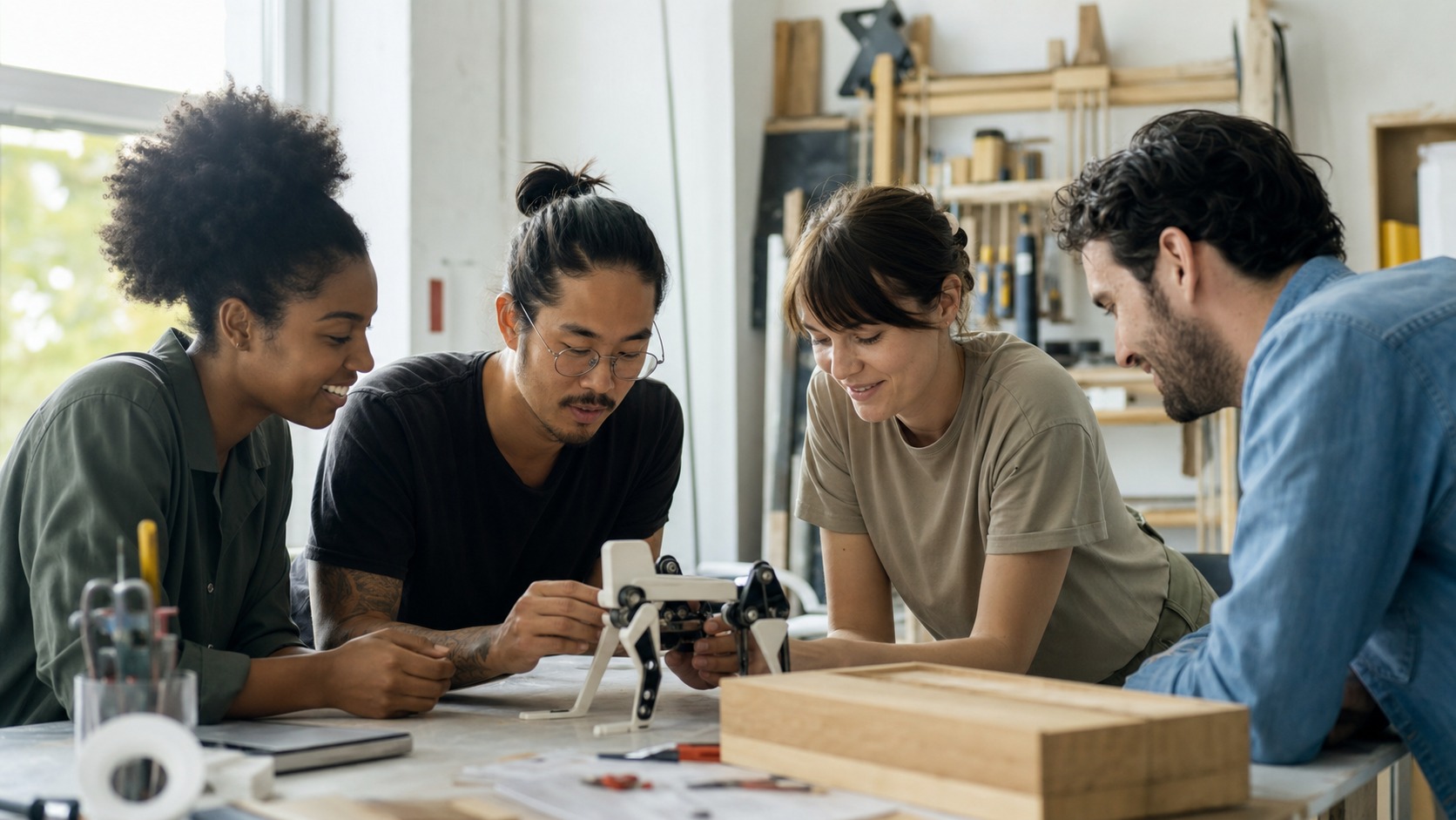 People working together on a small workshop prototype symbolizing innovation and liberty