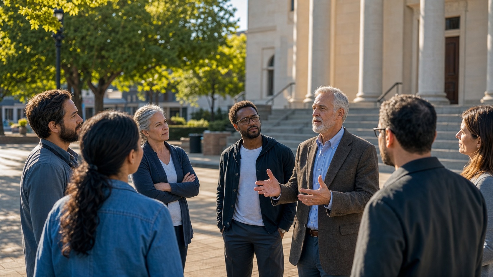People discussing civic life near a public building in a free society