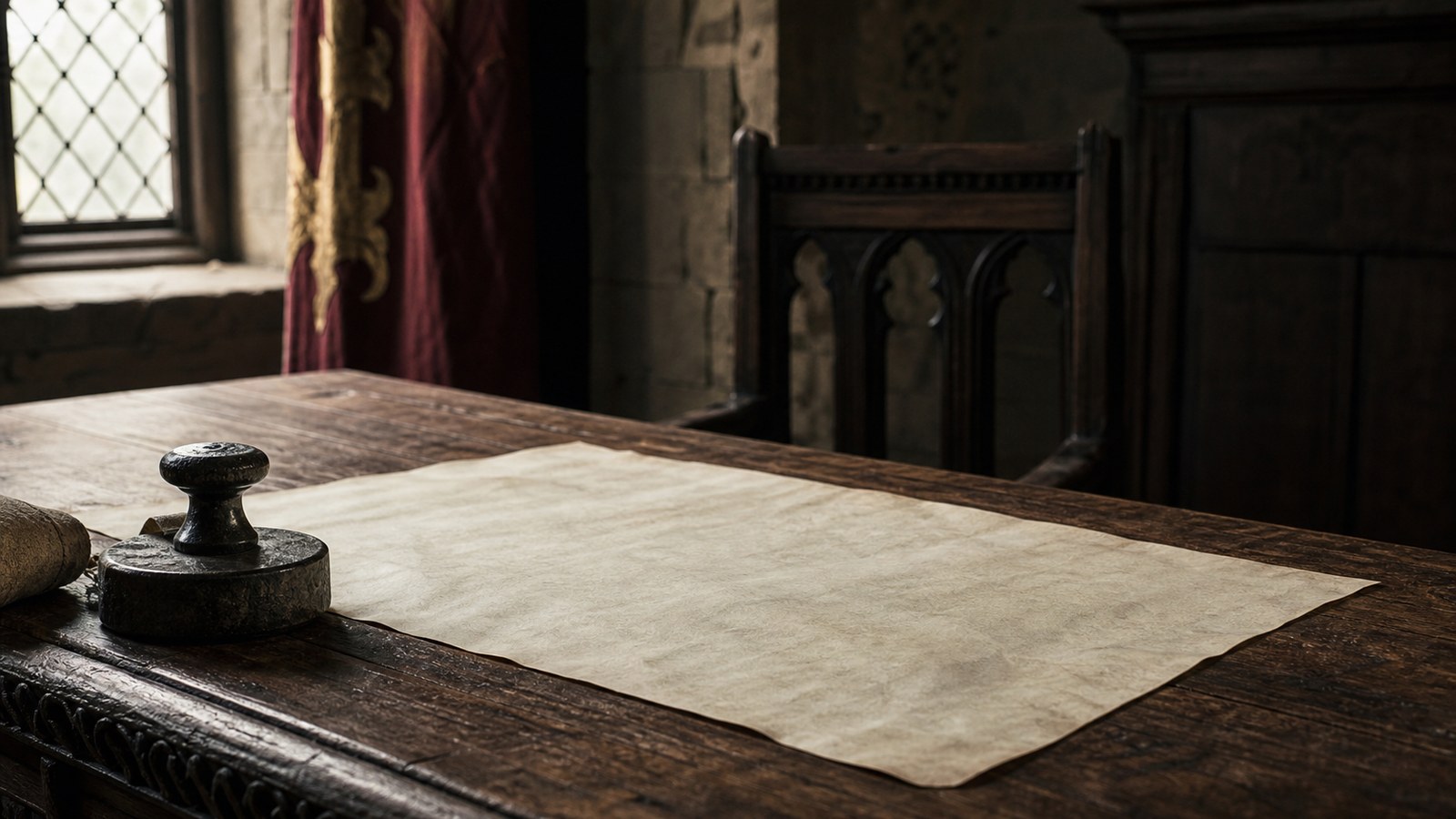 Blank parchment in a medieval hall symbolizing Magna Carta's influence on liberty