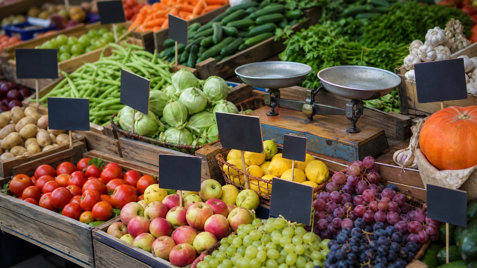 Market stall with blank tags and scales symbolizing prices communicating information