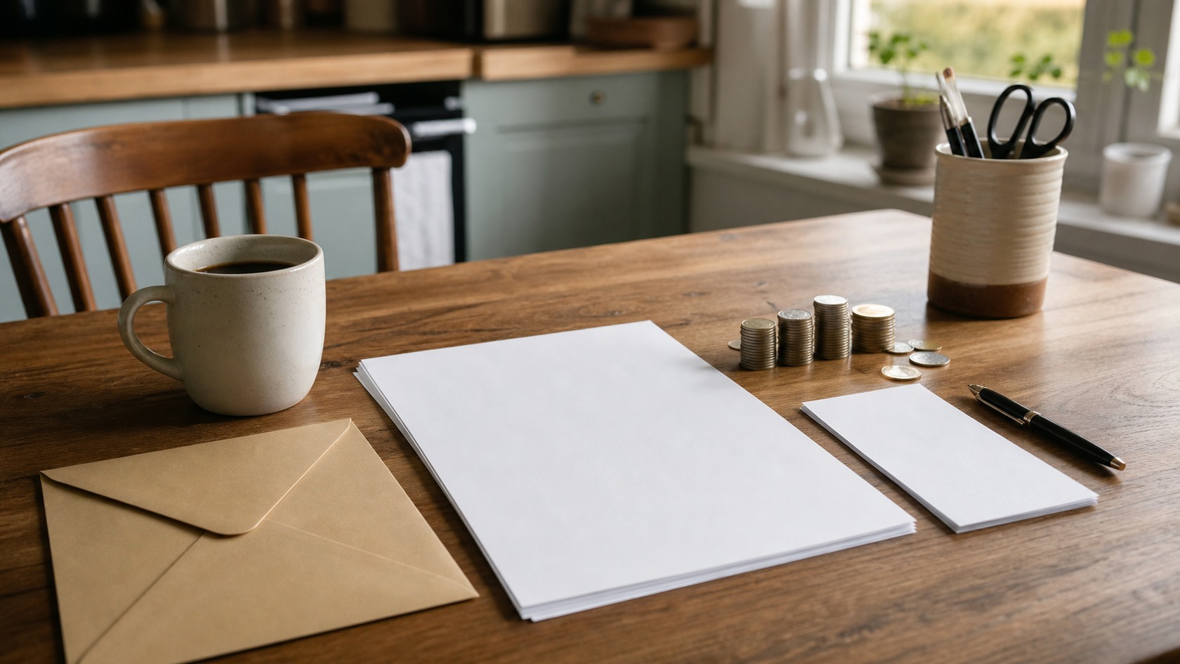 Blank forms, unmarked coins, and work tools on a kitchen table.