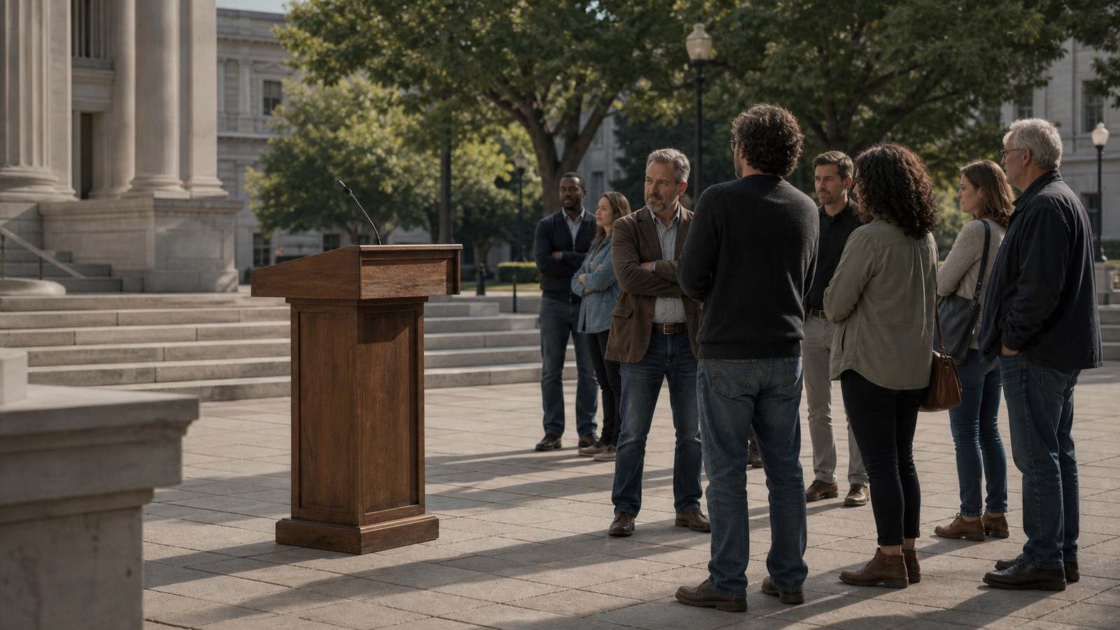 Public square with empty lectern representing freedom of speech