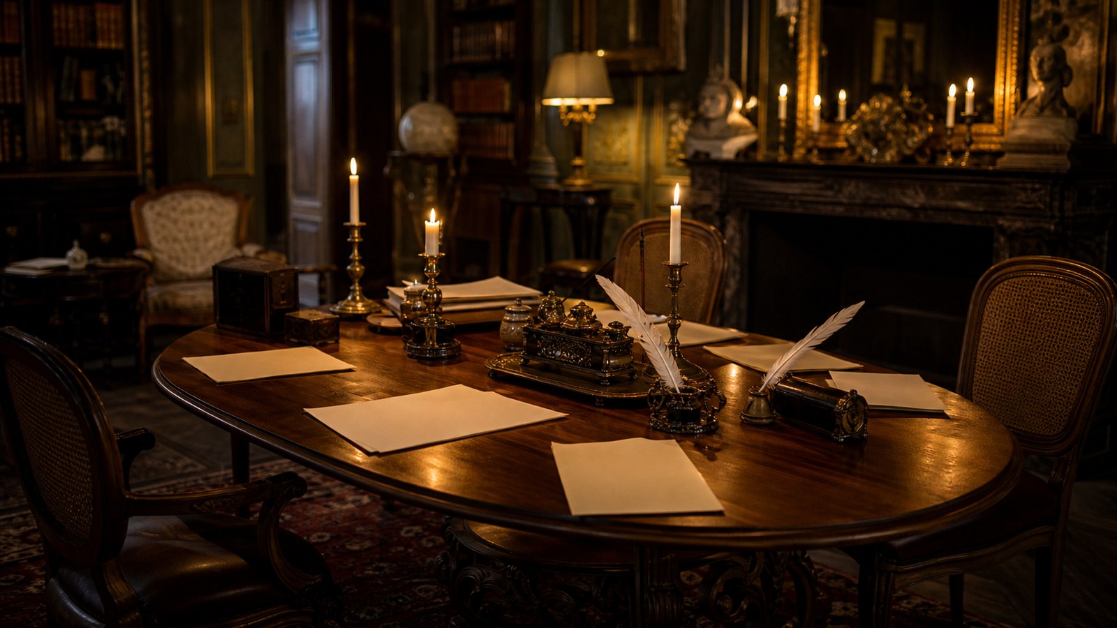 Historic salon table with blank papers symbolizing Enlightenment ideas about liberty
