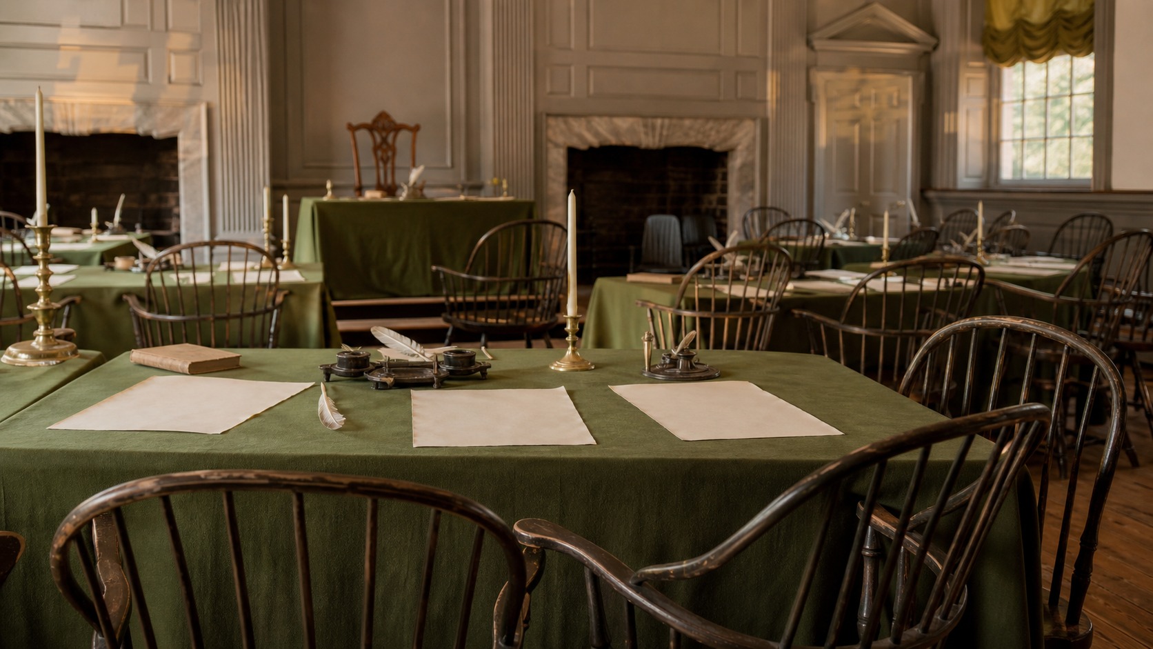 Historic meeting room with blank papers symbolizing the Founding Fathers' vision of liberty