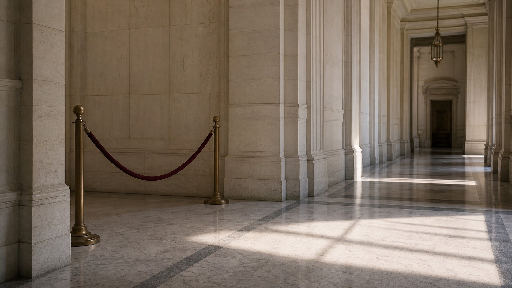 Courthouse hallway with boundary rope representing limits of law