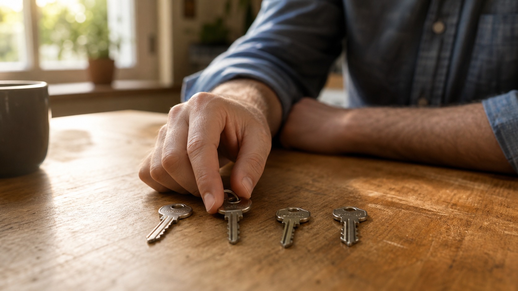 Hands choosing among plain keys on a table