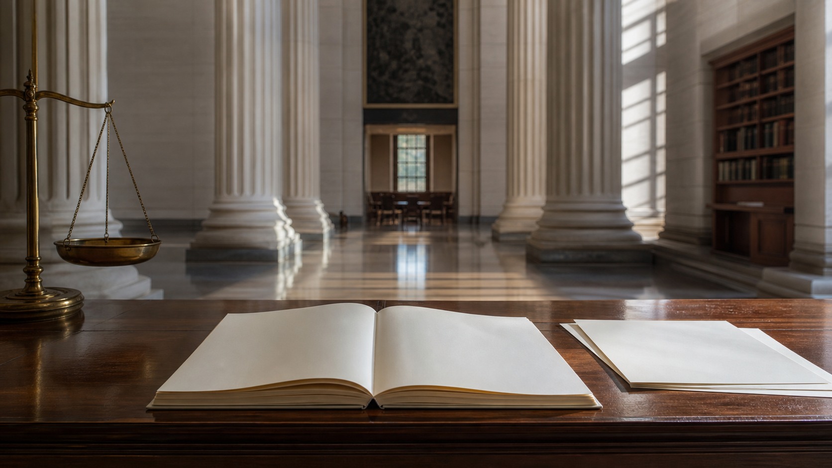 Courthouse interior with blank papers suggesting individual liberty under the rule of law