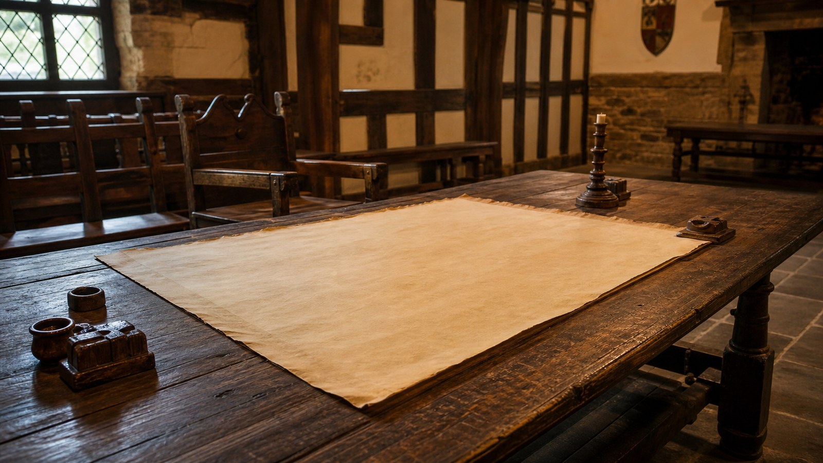 Medieval-style town hall table with blank charter parchment symbolizing early liberty