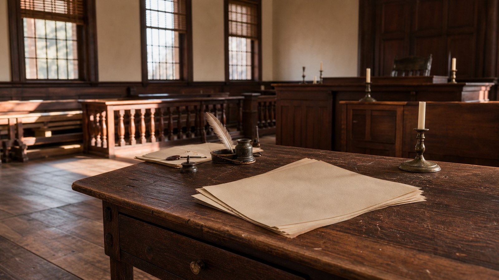 Colonial courthouse table with blank legal papers symbolizing early American liberty