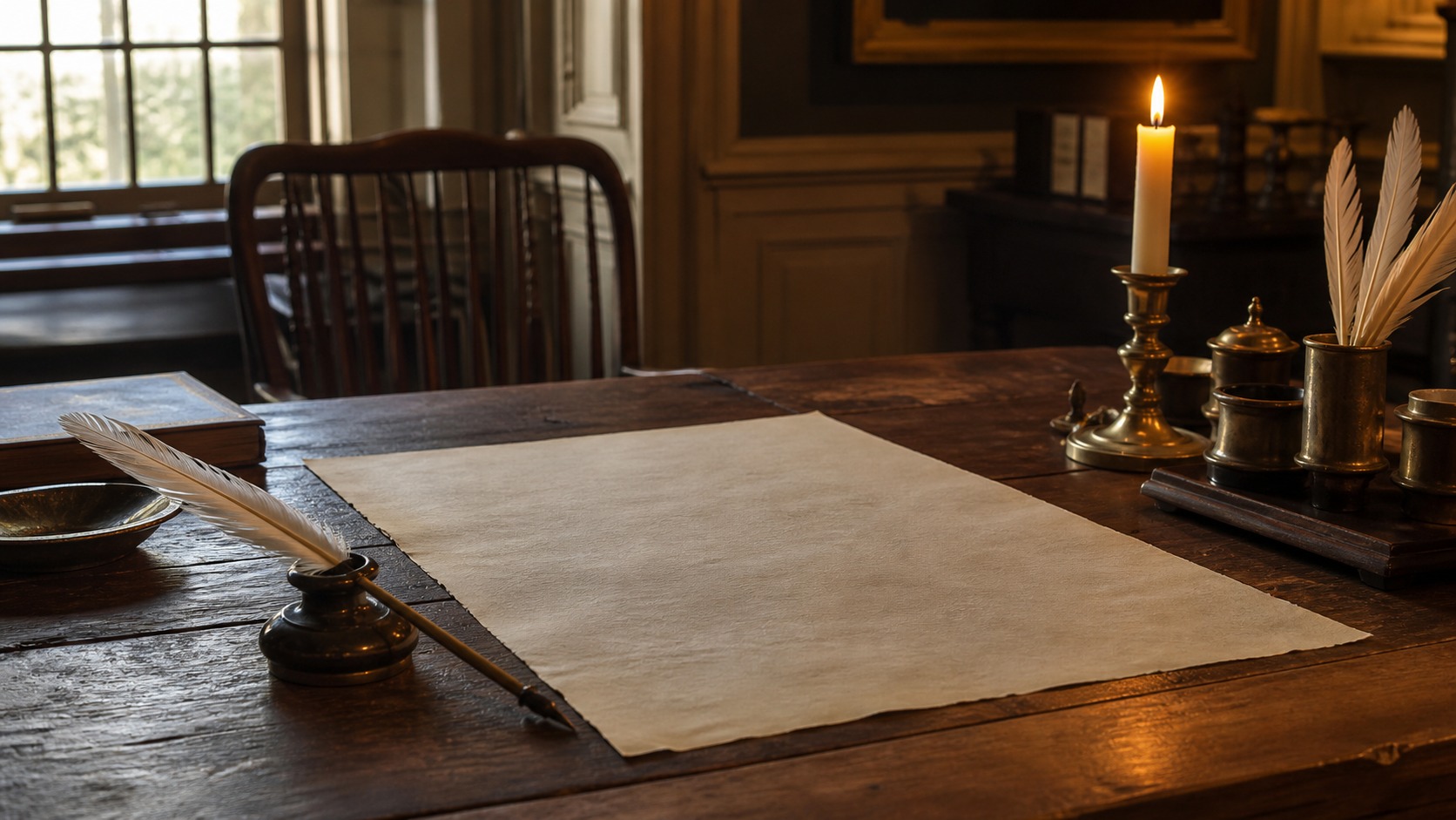 Historic desk with blank parchment symbolizing liberty in the Declaration of Independence