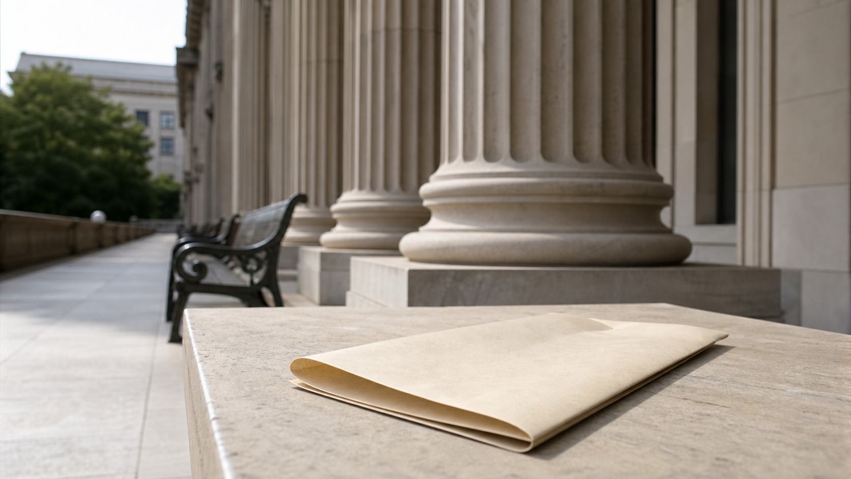 Courthouse setting with blank document representing constitutional liberty