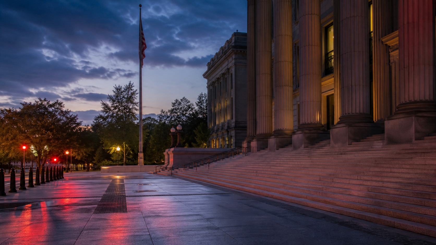 Courthouse steps with emergency light reflections and open walkway