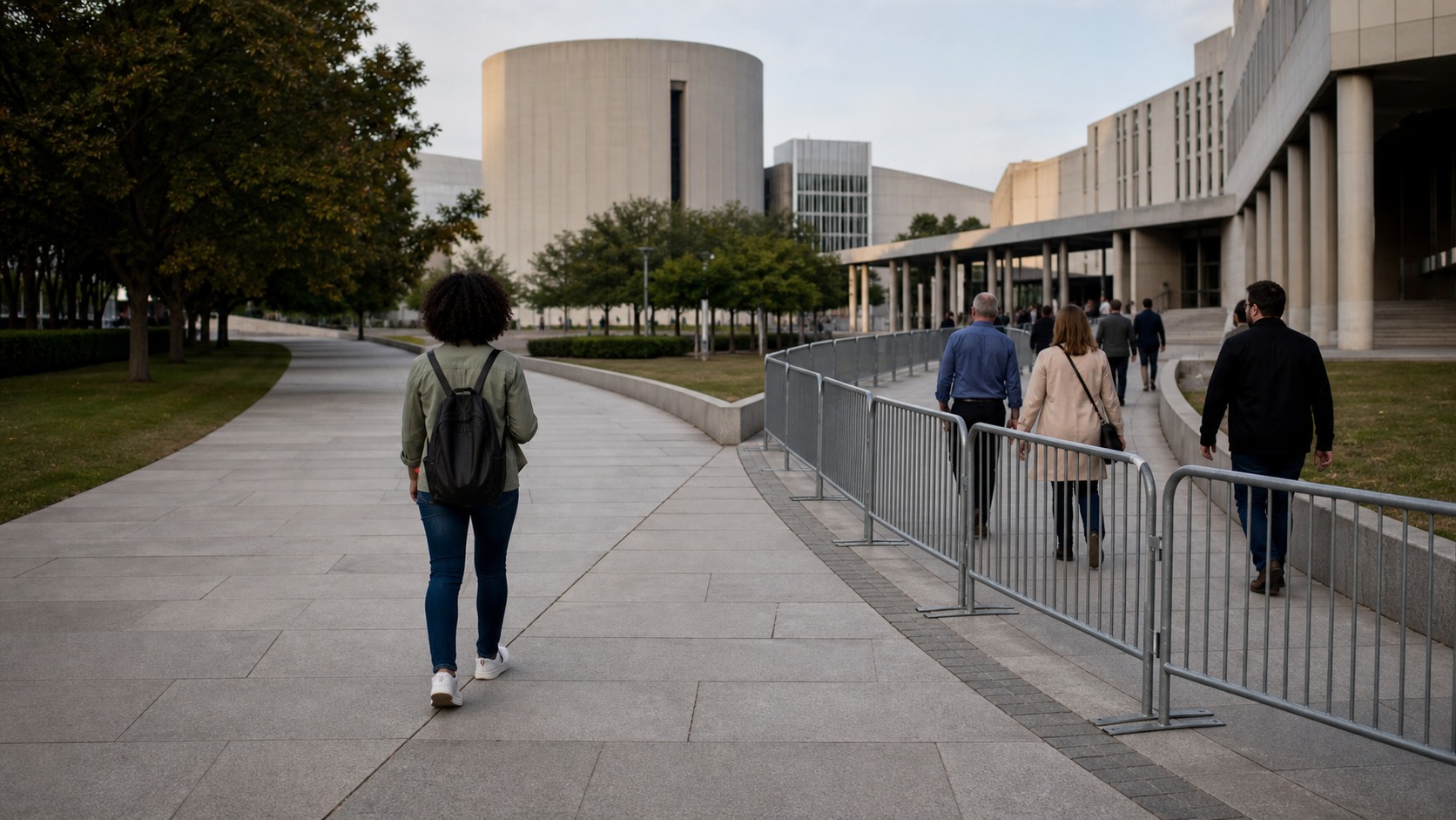 People walking through different paths in a civic plaza
