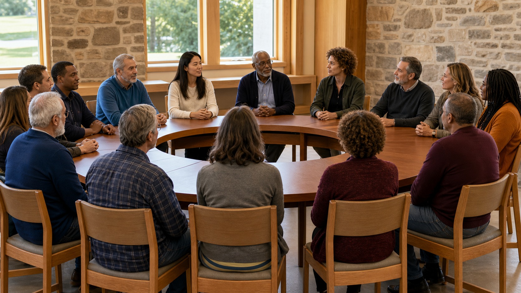 People seated around a civic table representing liberty and equality