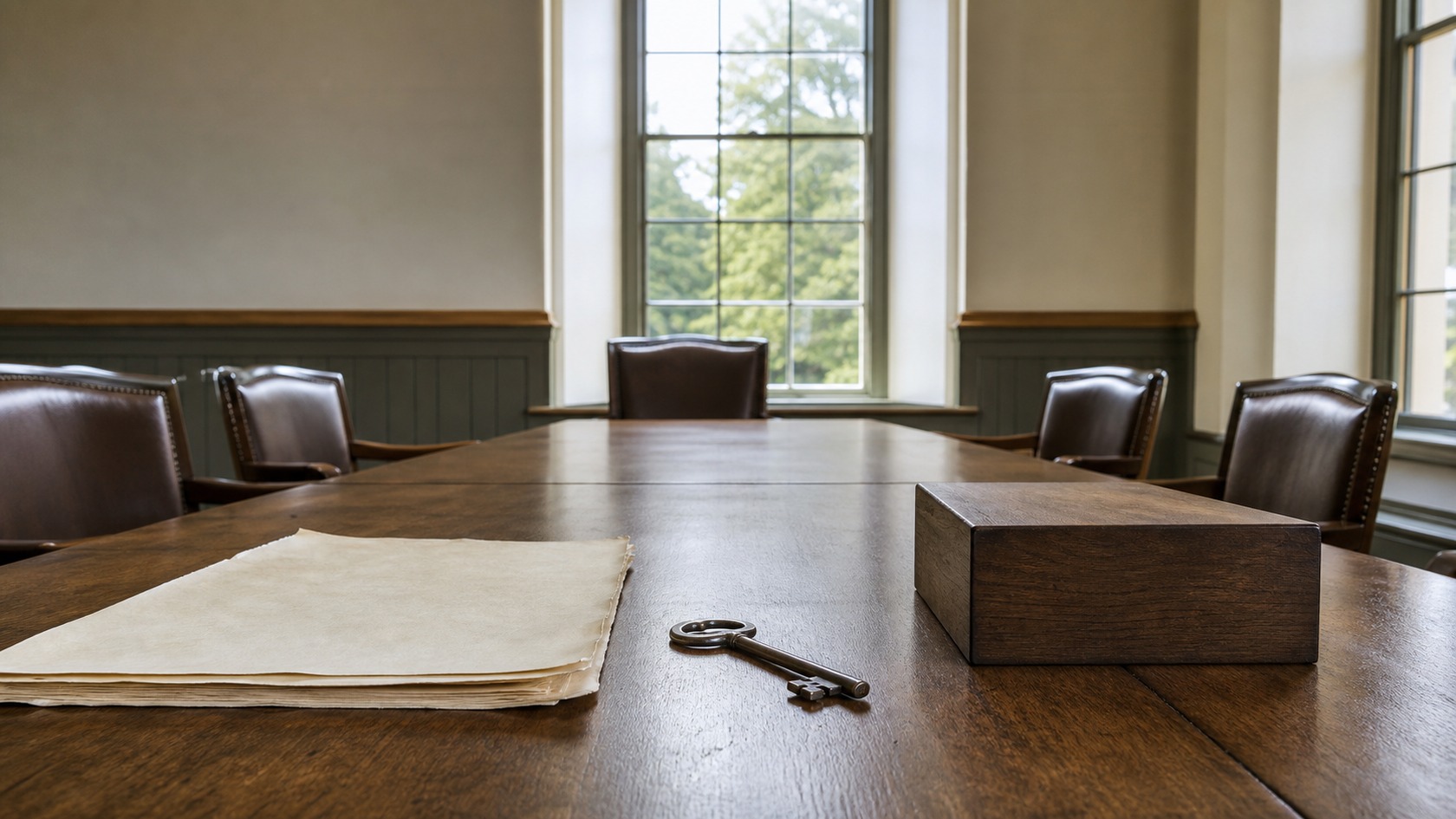 Blank parchment, a key, and an unmarked wooden block on a civic table in window light.