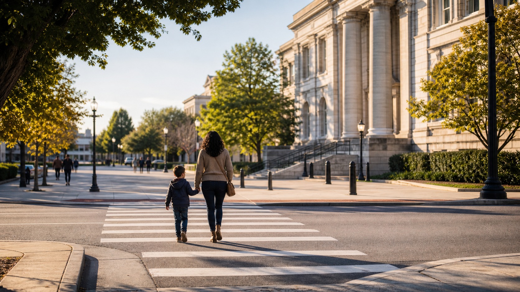 Calm civic street scene with an open crosswalk suggesting liberty and safety in balance