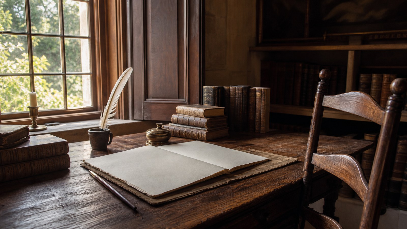 Historic study desk with blank manuscript pages symbolizing John Locke and individual liberty