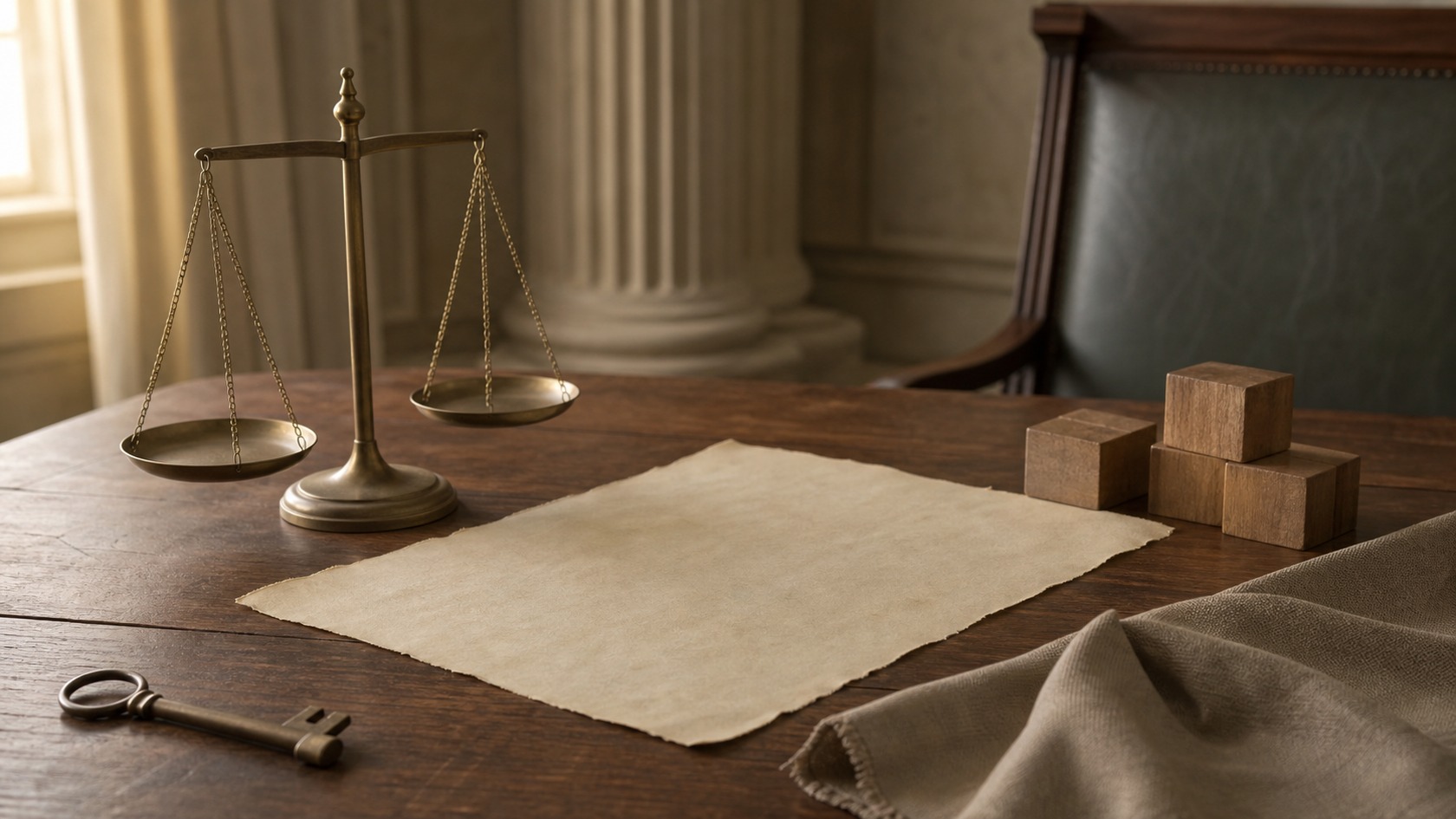Blank parchment, a balance scale, a key, cloth, and wooden blocks on a civic table.