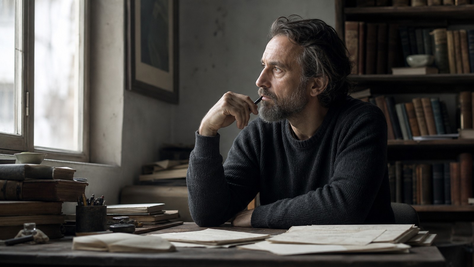 A philosopher studies in a quiet room, symbolizing Michael Oakeshott and skeptical political reflection.